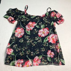 Cabi Womens Hybrid Tiered Blouse Floral Print Ruffled Short Sleeve Top SMALL